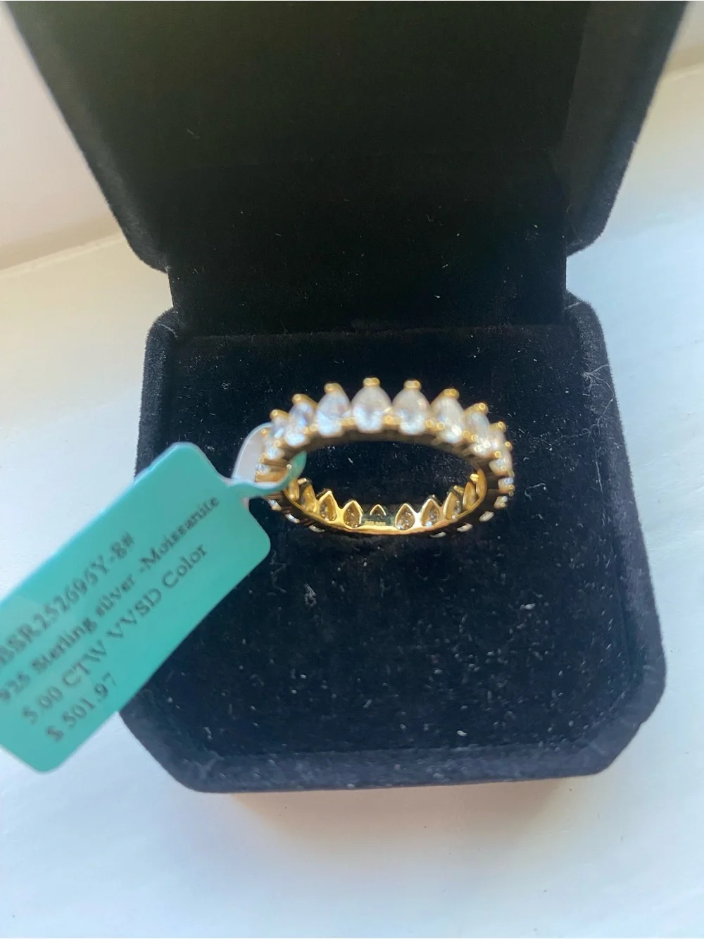 Gold Over Silver Teardrop Moissanite Eternity Band Size 8